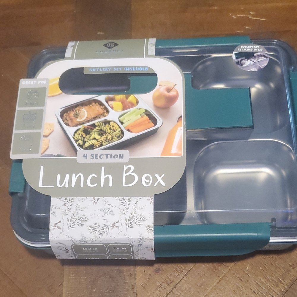 Teal 4-Compartment Lunch Box with Cutlery Set